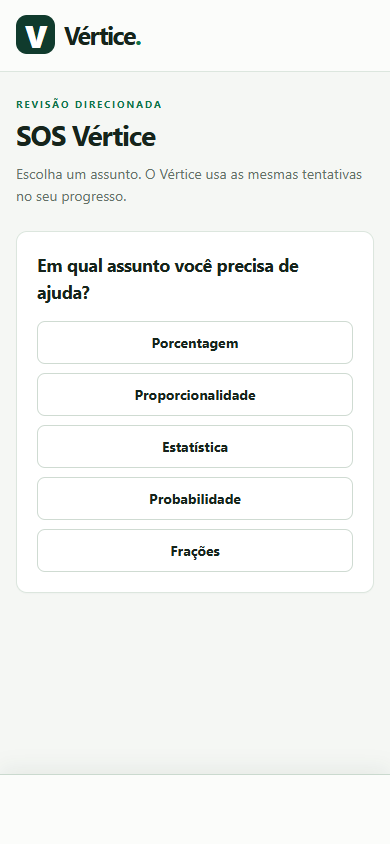 Tela real do SOS Vértice para escolher um assunto de revisão